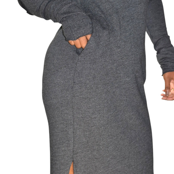 Noctex Henley Sweater Dress Grey Charcoal Wool Midi Hooded Pockets Side Slits XS - Picture 5 of 15